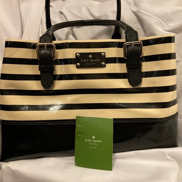 NWOT Kate Spade Elena Black And Beige Stripe Handbag Ret. $395 - Picture 1 of 7
